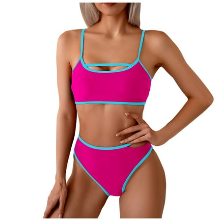 Rrunsv Women s Sexy Thong Bottom Two Piece Bikini Set Halter Cute High Waist Swimsuit Triangle Tummy Control Bathing Suit Women s Swimwear Hot Pink M