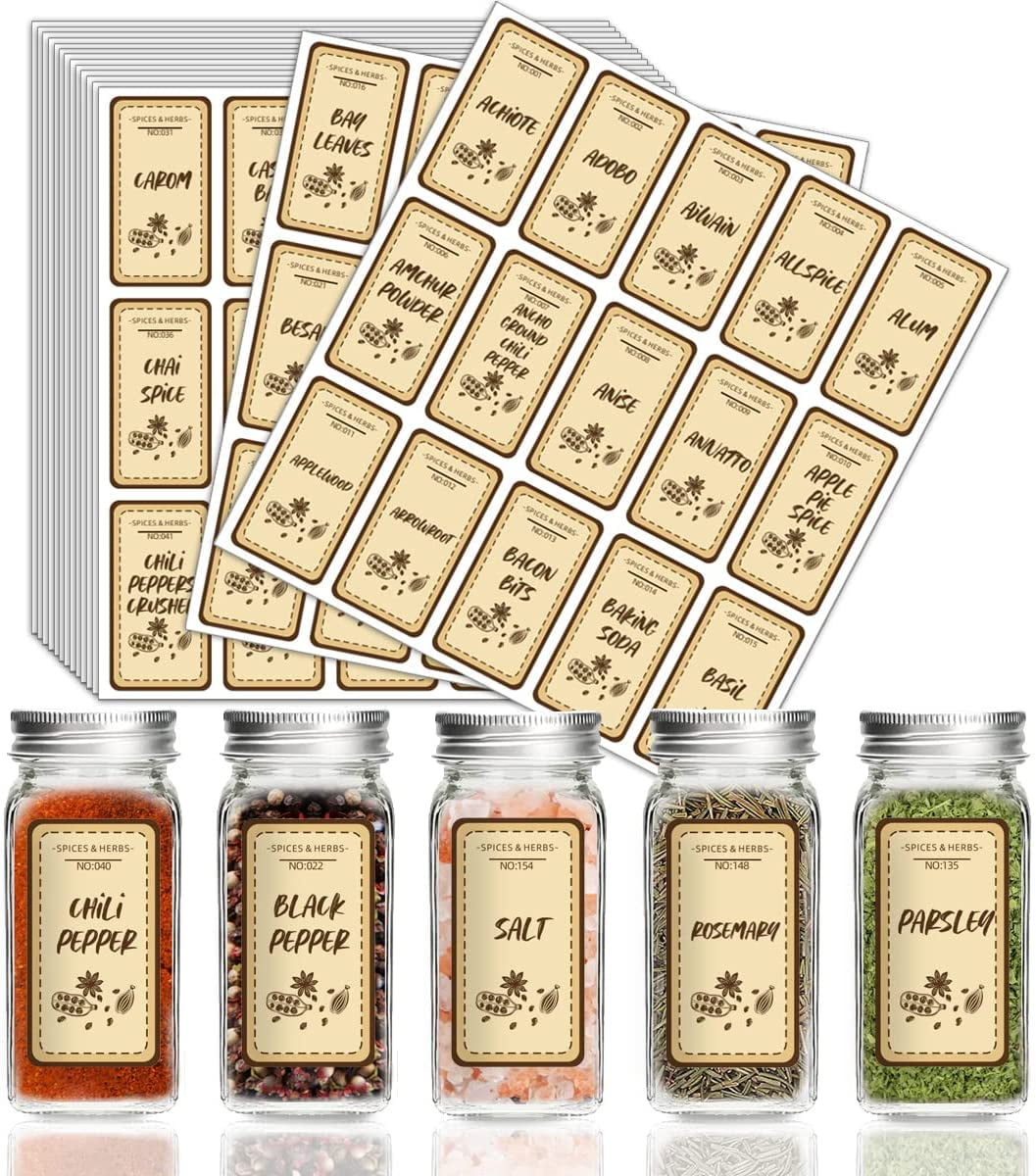 225 Pcs Spice Jar Labels, Does't Include Jars,184 Preprinted 41 Extra Write-On Labels for DIY, Waterproof, Oil Resistant, No Residue Herb Seasoning