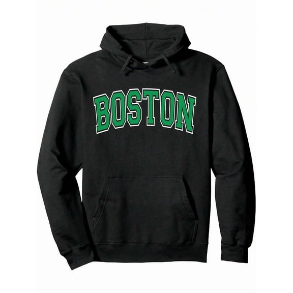 Men'S Hoodie 250g 50%Cotton + 50% Polyester - Boston Arched Green Text Pullover HoodieMen's Hoodie