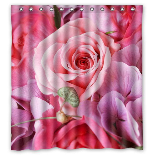NEW PINK ROSE FLOWER SHOWER CURTAIN HOOKS 12PC SET POPULAR BATH FLORAL DECOR 