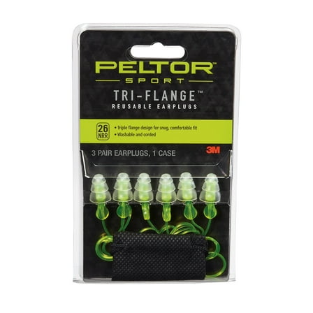 Peltor Sport Tri-Flange Corded Reusable Earplugs, Neon Yellow, NRR 26 dB, 3 Pairs