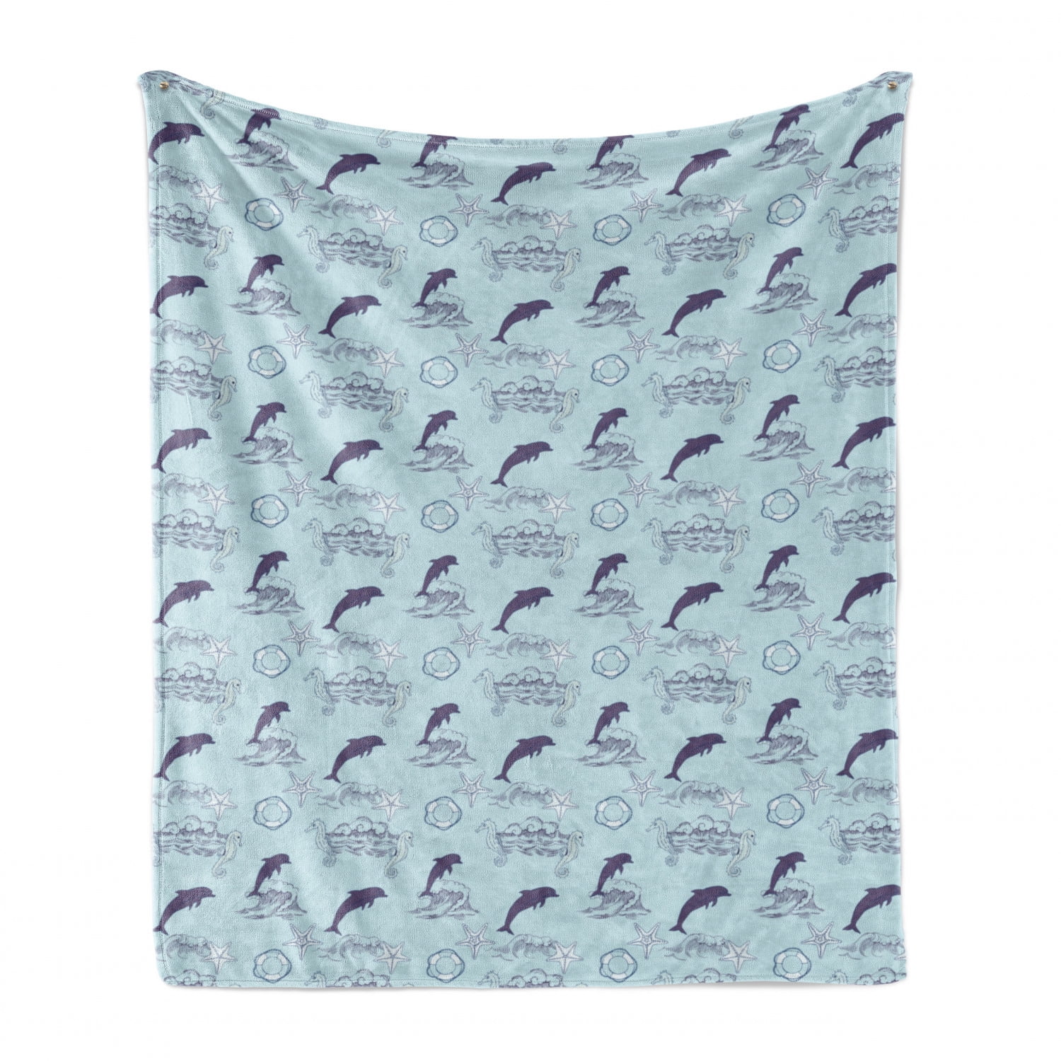 Baby Blue Pale Blue 70 x 90 Continuous Waves with Seahorse Starfish and Dolphins Ambesonne Nautical Soft Flannel Fleece Throw Blanket Cozy Plush for Indoor and Outdoor Use 