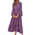 thumbnail image 2 of Guieoi Womens Dresses Layered Pleated Loose-Fit Patchwork Long-Sleeve V-Neck Maxi Dress Purple M, 2 of 5