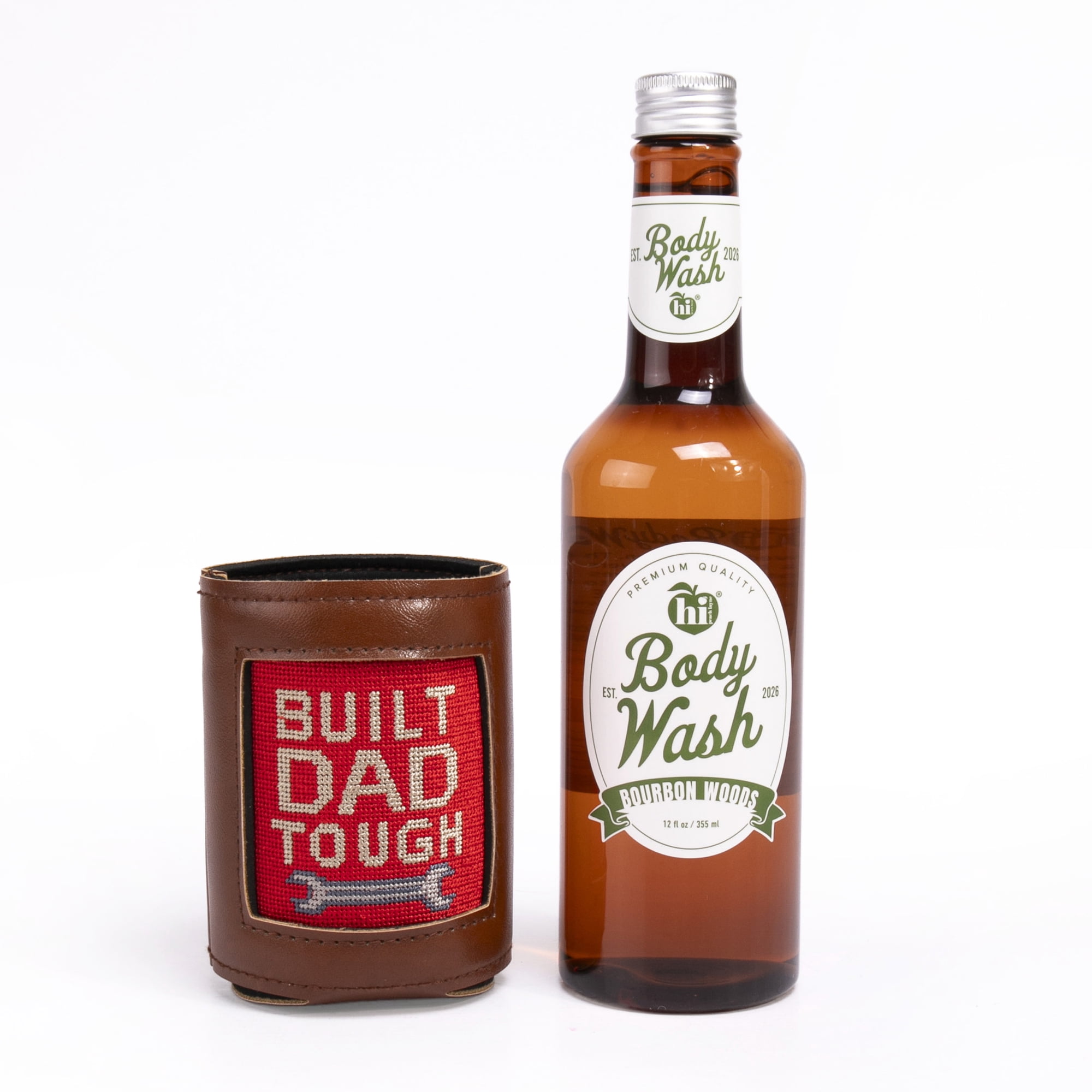 Hi Peach Layne Father's Day Gift Set with Built Dad Tough Needlepoint Beverage Holder and 3-in-1 Vanilla Bourbon Body Wash