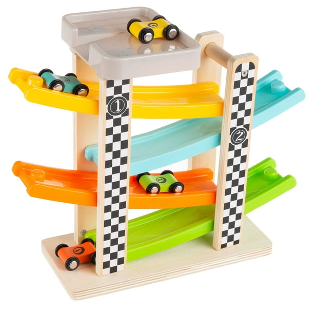 Toy Race Track and Racecar Set Wooden Car Racer with 4 Colorful Cars