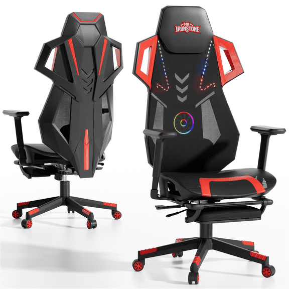 Mr IRONSTONE Mesh Gaming Chair with Bluetooth Speakers and Built-in Fan, RGB Ergonomic Computer Chair with Seat Sliding and Footrest, Black