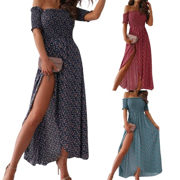 Flmtop Off Shoulder Women Dress Floral Print Slim High Split Short Sleeve Maxi  Dress Streetwear 