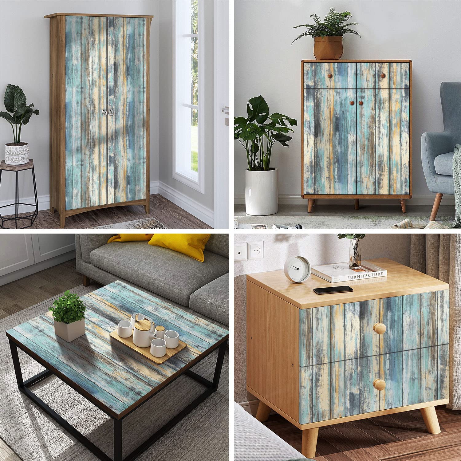 Wood Contact Paper - 15.7"x236" Self-Adhesive and Removable Wood Wallpaper Peel and Stick - Blue Distressed Wood Grain Contact Paper for Cabinets - Waterproof Stick on Wall Paper