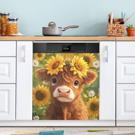Dishwasher Sticker Dishwasher Cover Magnet Refrigerator Home Decorative Art Kitchen Panel Decal Cute Highland Cow 23x26 Inch
