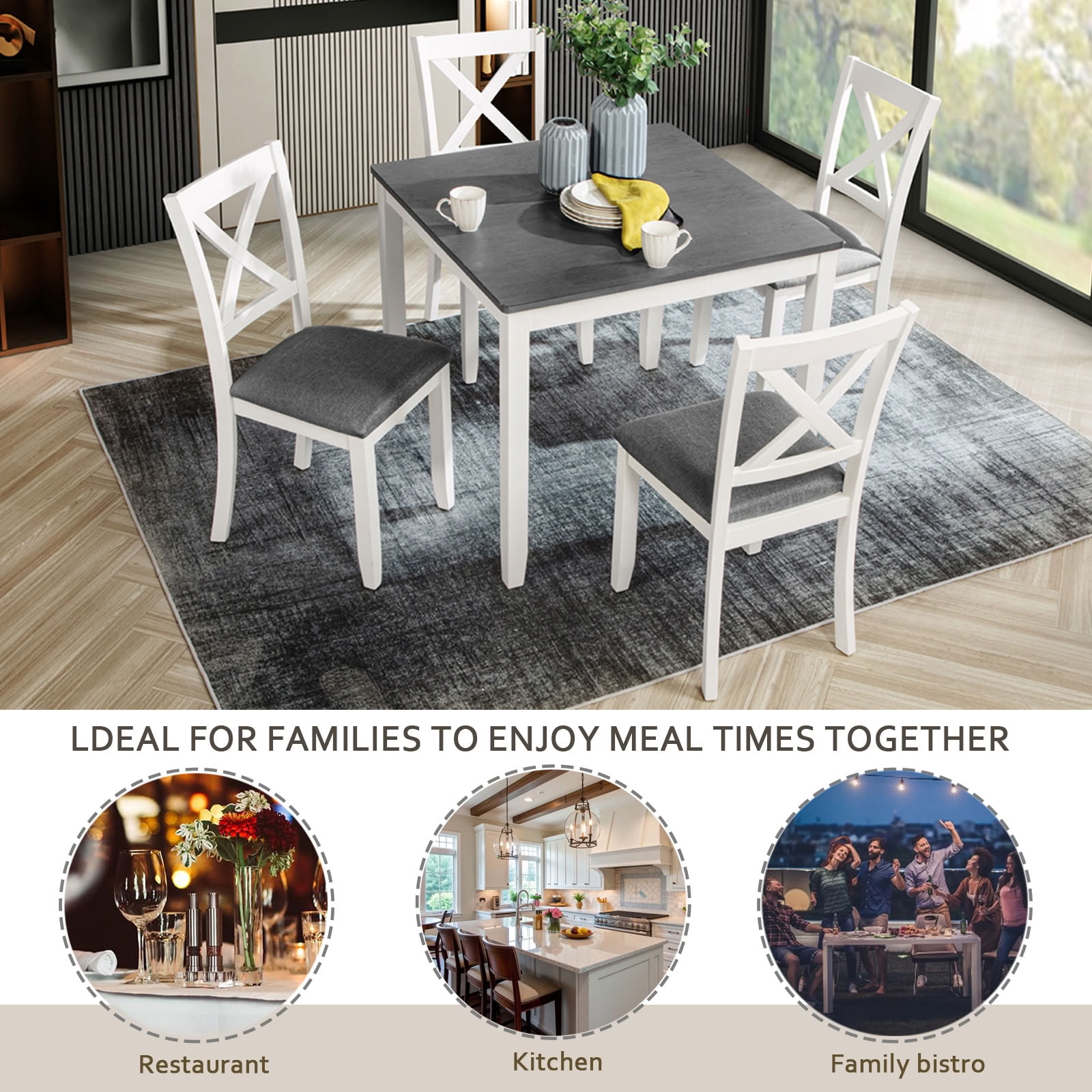 MAYEERTY 5-Piece Dining Table Set with 4 Chairs, Wood Dining Set for 4, Space-Saving for Small Kitchen Dining Room Apartment, Grey