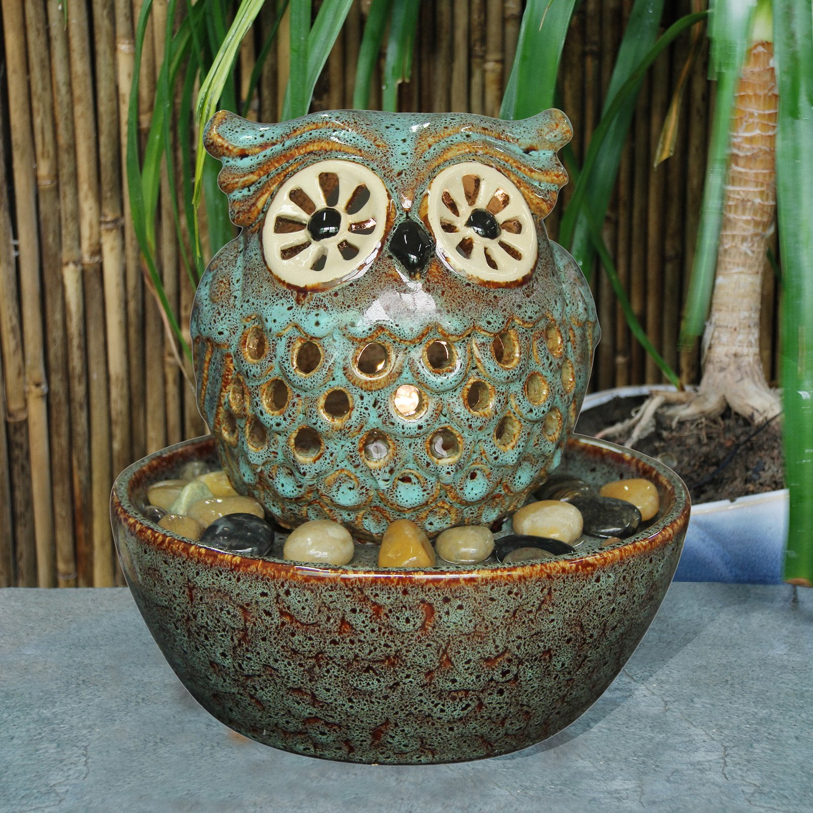 CERAMIC OWL IN BOWL FOUNTAIN WITH WARM WHITE LED