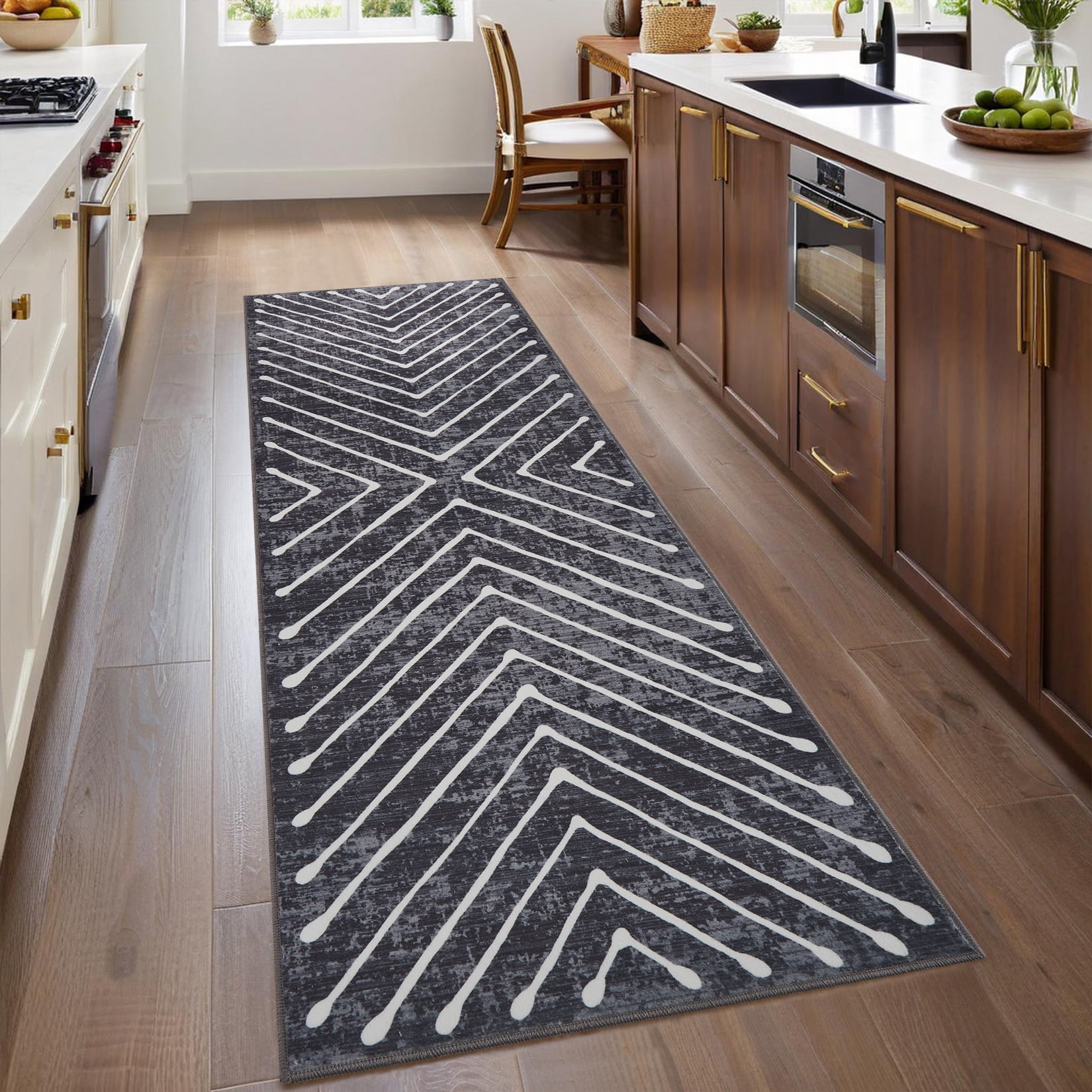 FairOnly Modern 2'x6'Runner Rug with Symmetrical Fine Lines Machine Washable Low Pile Non-Slip Geometric Rugs for Bedroom Kitchen,Dark Grey