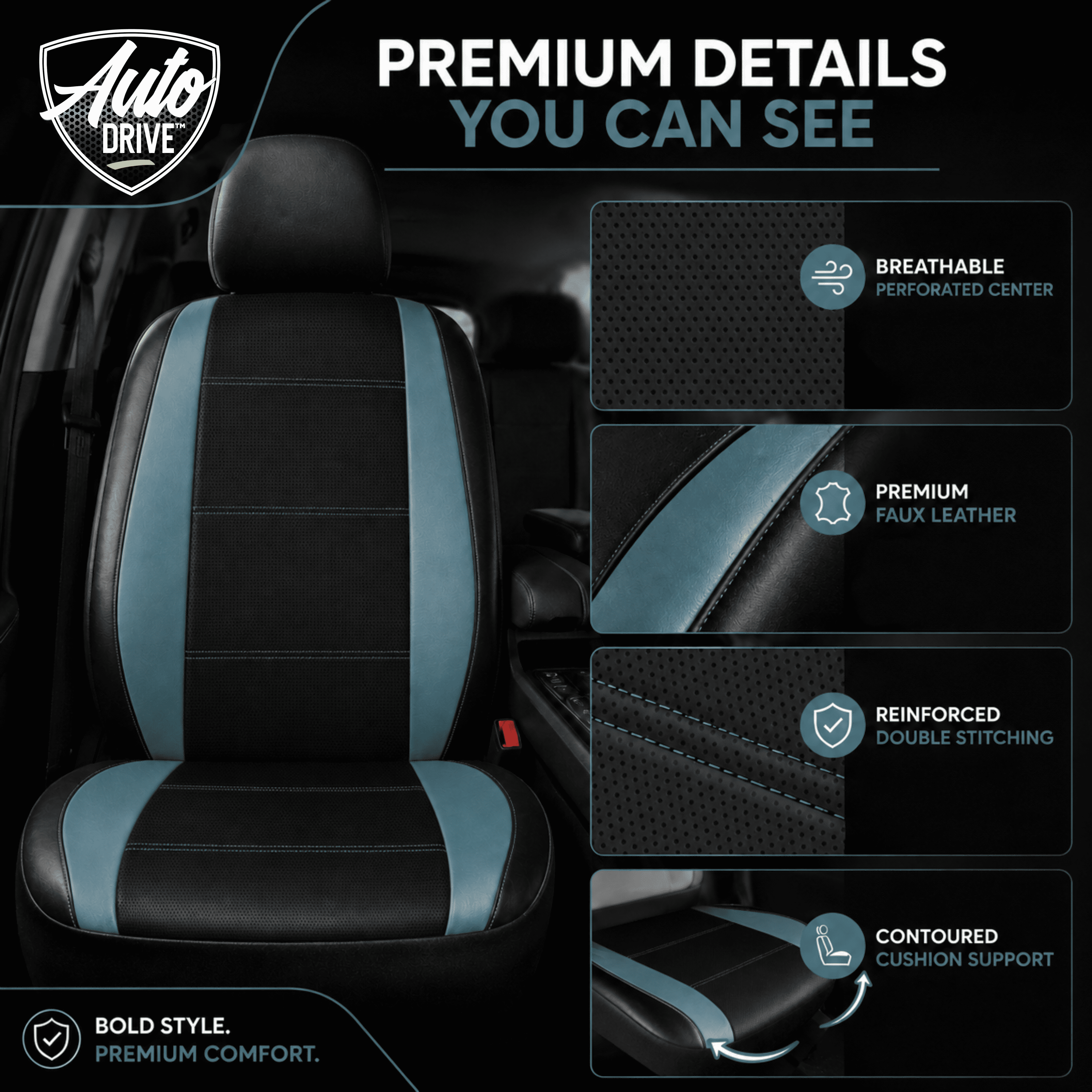 Auto Drive Car Seat Covers, Two-Tone Fabric Front Seat Protector, Breathable Comfortable, Anti-Slip Airbag Compatible Universal Fit for Cars SUVs Trucks,Blue