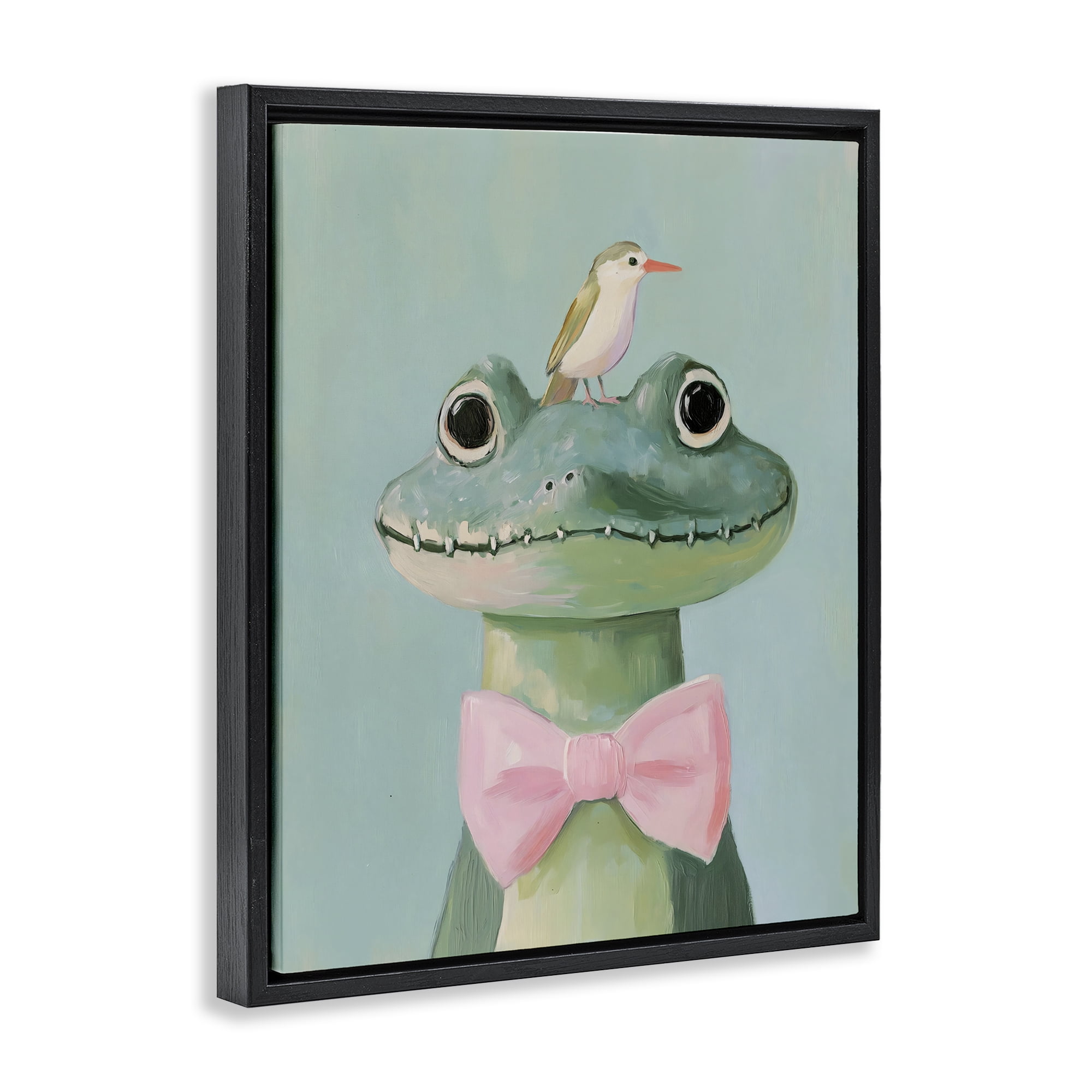 Stupell Industries Crocodile & Bird with Bowtie Black Framed Floater Canvas Wall Art, design by The Prints Vibe