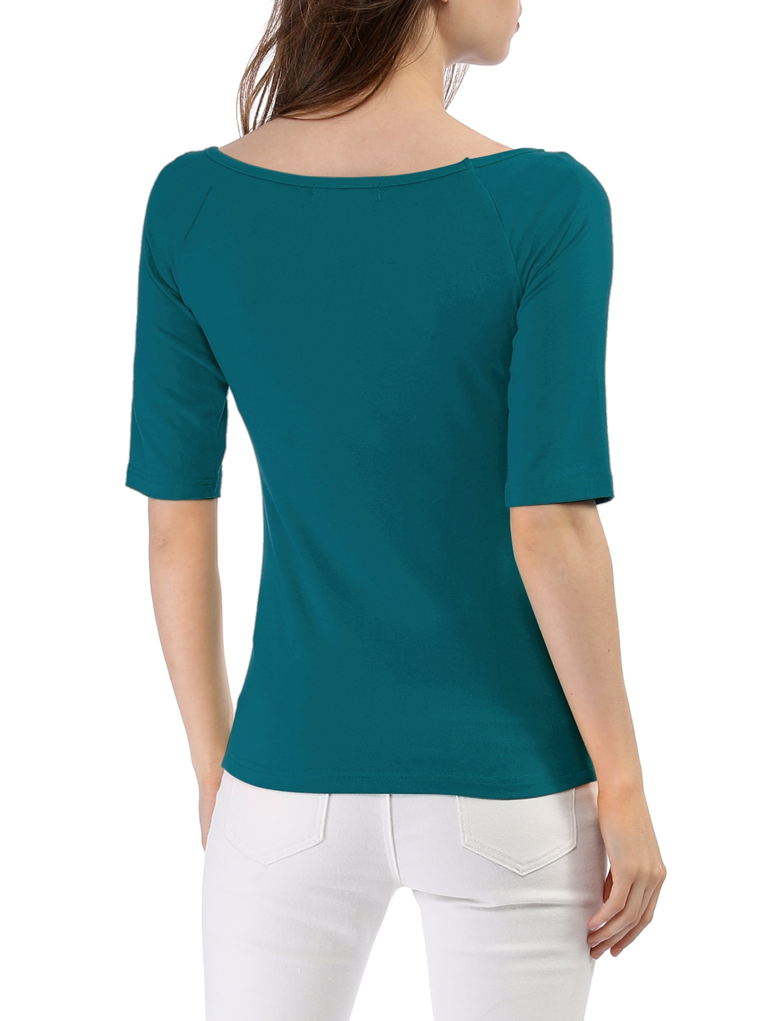 DARING DIVA Women's Slim Fit Pullover Boat Neck Stretchable T-Shirt L Blue Green