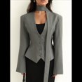 thumbnail image 4 of Chaqueta de Traje de Larga para Mujer, Color Liso, Cuello en V, Corte Entallado y Hombreras Gris L, 4 of 10