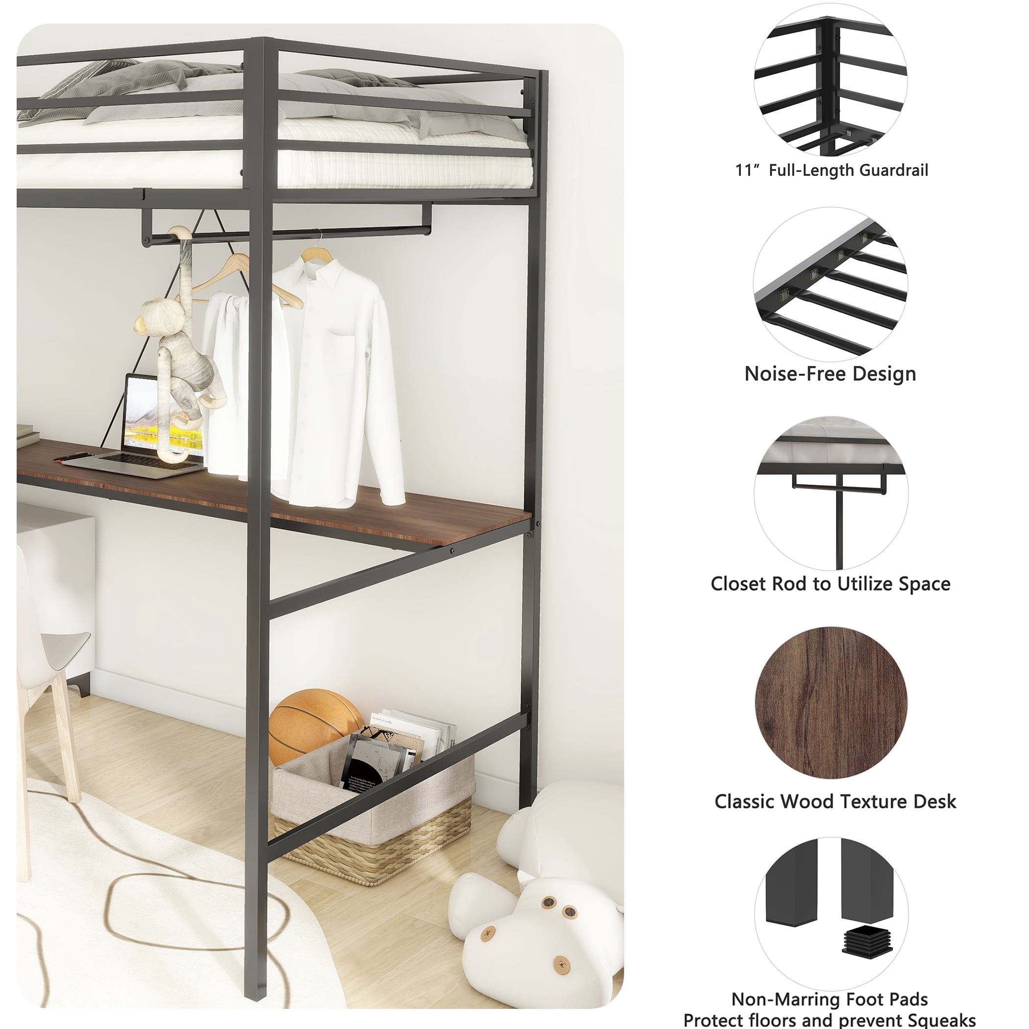 Miniyam Modern Metal Twin Size Loft Bed with Shelf for Kids and Teens, Black