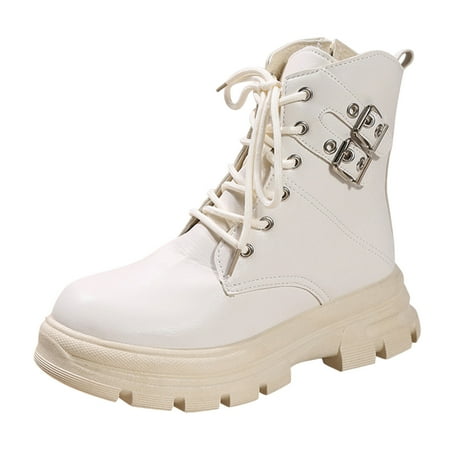 

SEMIMAY Ladies Fashion Solid Color Side Zipper Belt Buckle Plus Lace Up Platform Boots Beige
