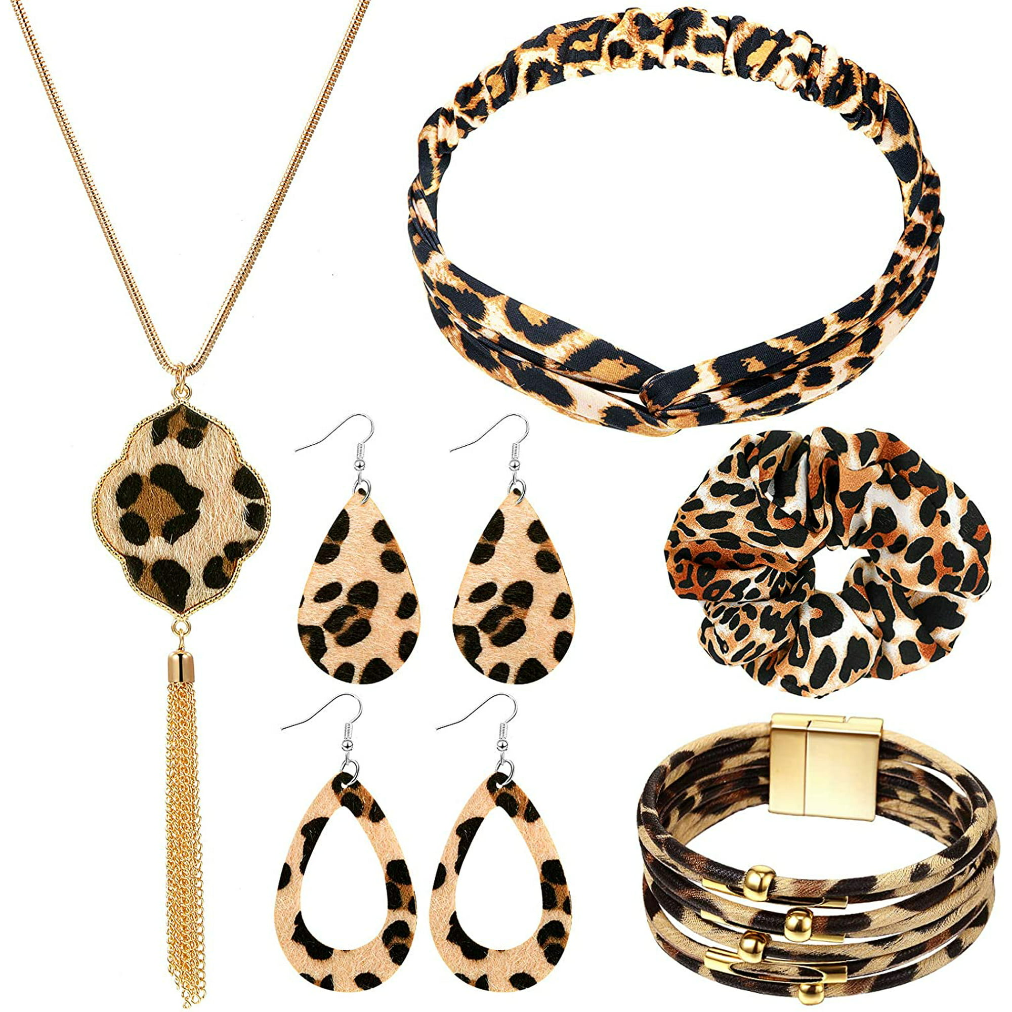 Leopard Print Jewelry Set Leopard Bracelet Faux Leather Dangle Earrings  Long Tassel Pendant Necklace Headband Head Wrap | Walmart Canada