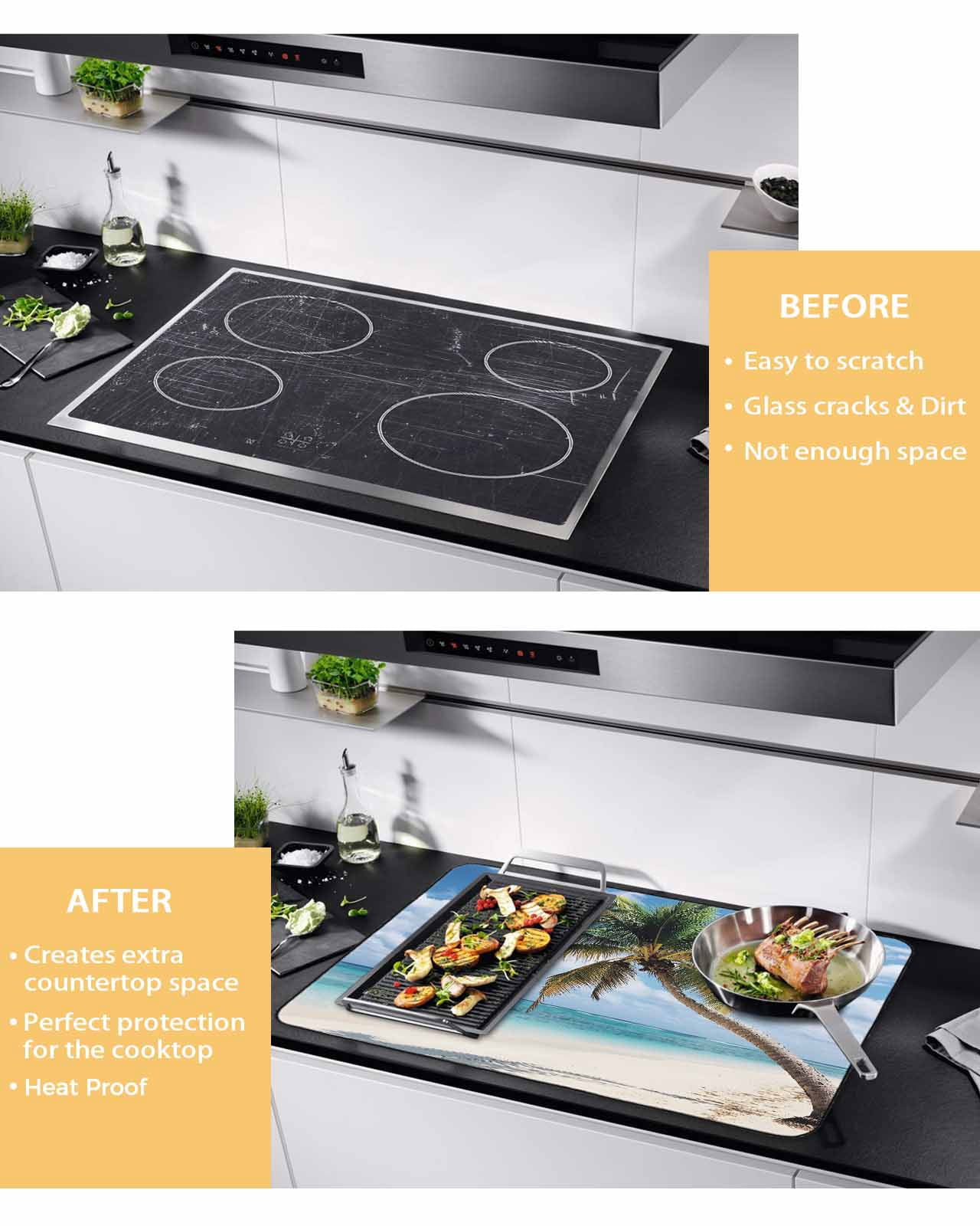 nqOlkjepod Large Induction Cooktop Protector Mat 36"x21", Summer Palm Tree Stove Top Covers for Electric Stove, Sandy Beach Ocean Sky Cloud Plants Stove Burner Cover Mats, Glass Top Stove Cover