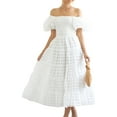 thumbnail image 3 of ZAXARRA Femmes Été Décontracté une Ligne Robe Courte Puff Manches sur l'Épaule Midi Plaid Robe, 3 of 8