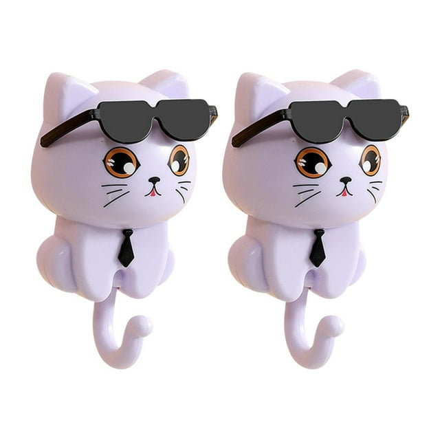 Under 10 Hooks Cat Key Holder Creative Cat Shape Hooks 2 Pack Adhesive Coat Hooks Cute Cat Hooks with Sunglasses Decorative Cat Hooks for Keys Towel Hat Coat
