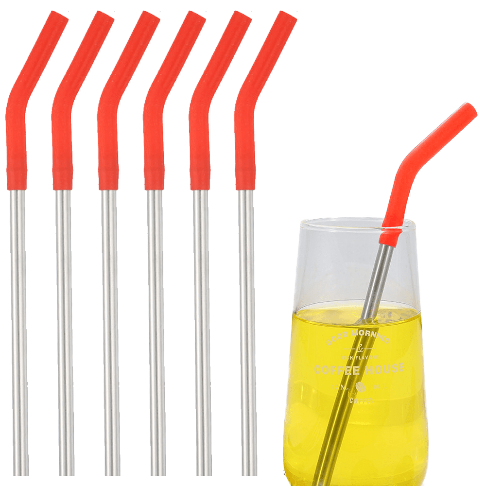 Set of 6 Stainless Steel Reusable Metal Straws with Silicone Flex Tips