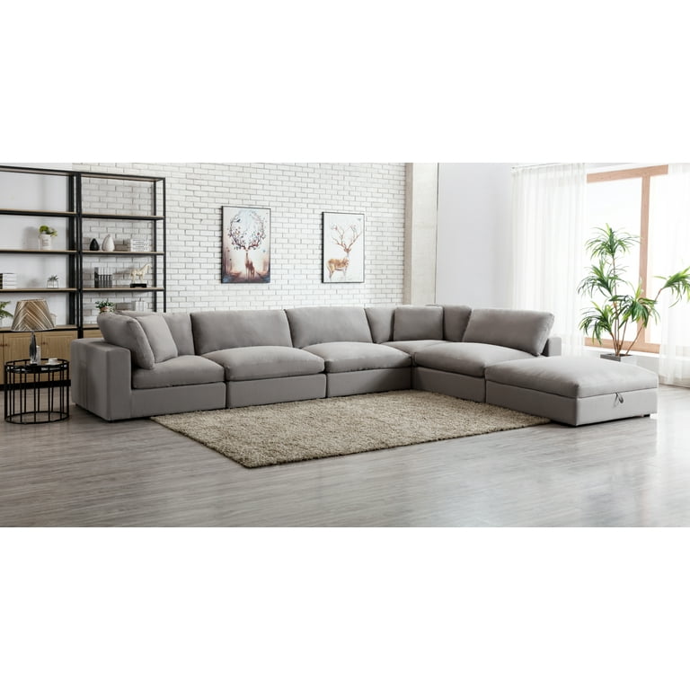 Roundhill Furniture Rivas Contemporary 6 Piece Modular Sectional Sofa with Ottoman Graphite Gray