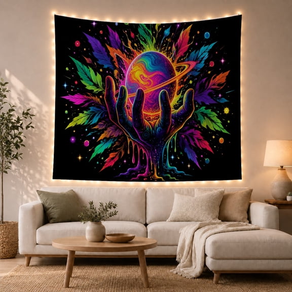 Cosmic Hand Holding a Colorful Planet in Galaxy, Dreamy Psychedelic Style for Space Lovers, Galaxy Wall Art, Graduation Gift, Tapestry Wall Hanging for Bedroom and Dorm