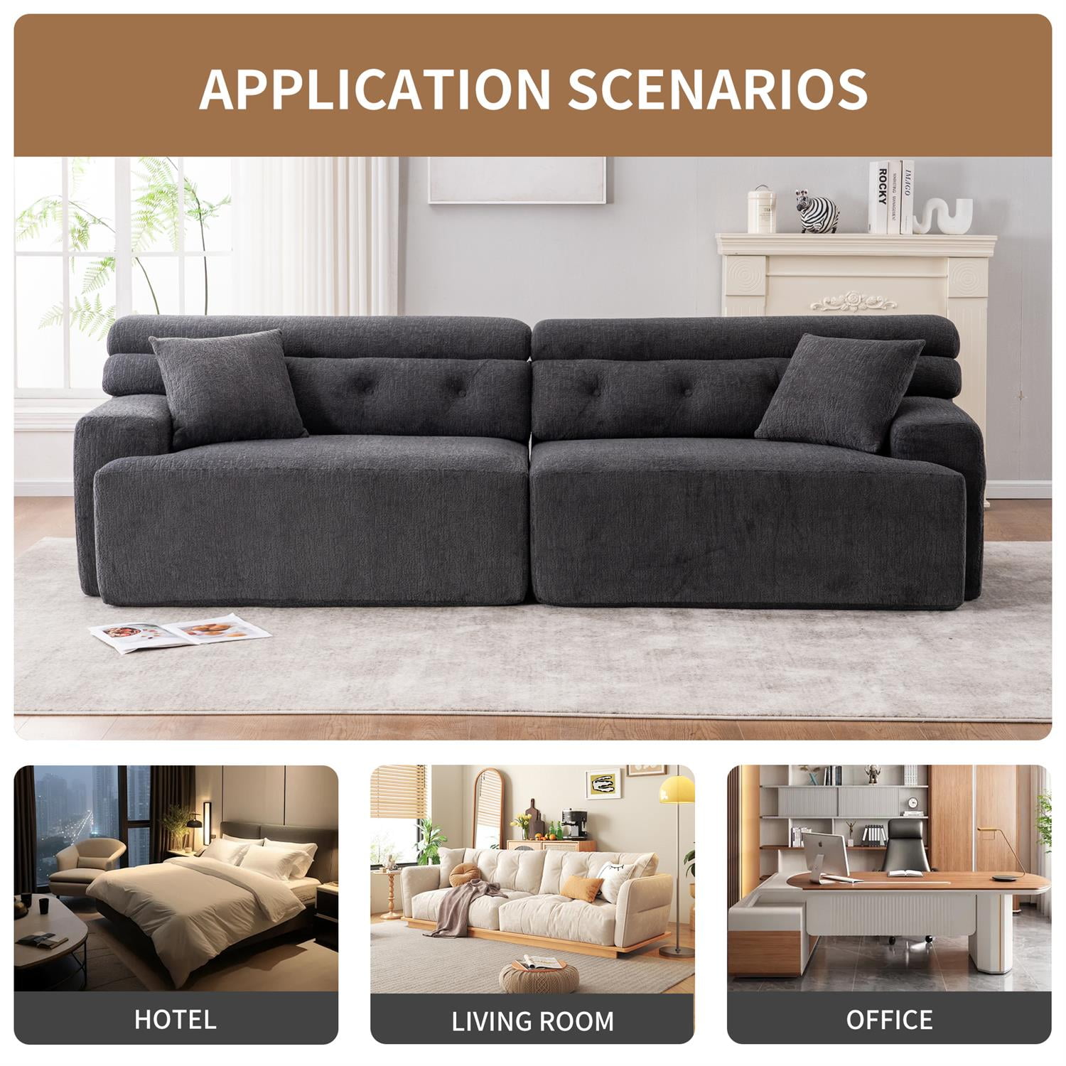 Demi Bonn 103" 4-Seater Compression Sofa Couch with Wood Grain Chenille Fabric, Full Sponge Cushion and 2 Cozy Pillows for Living Room, Gray
