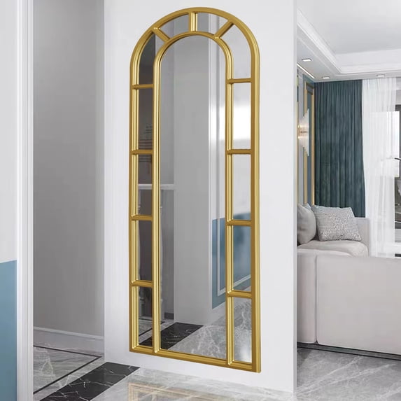 Arched Window Finished Full Length Wall Mirror Leaning Mirror with Wood Frame, 65"×22", Gold