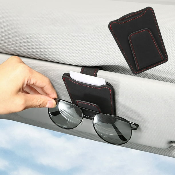 Caja de almacenamiento de visera de cuero de gamuza con clip para gafas de coche | Porta gafas de sol con organizador de tarjetas y billetes | Accesorio interior para guardar gafas y objetos pequ