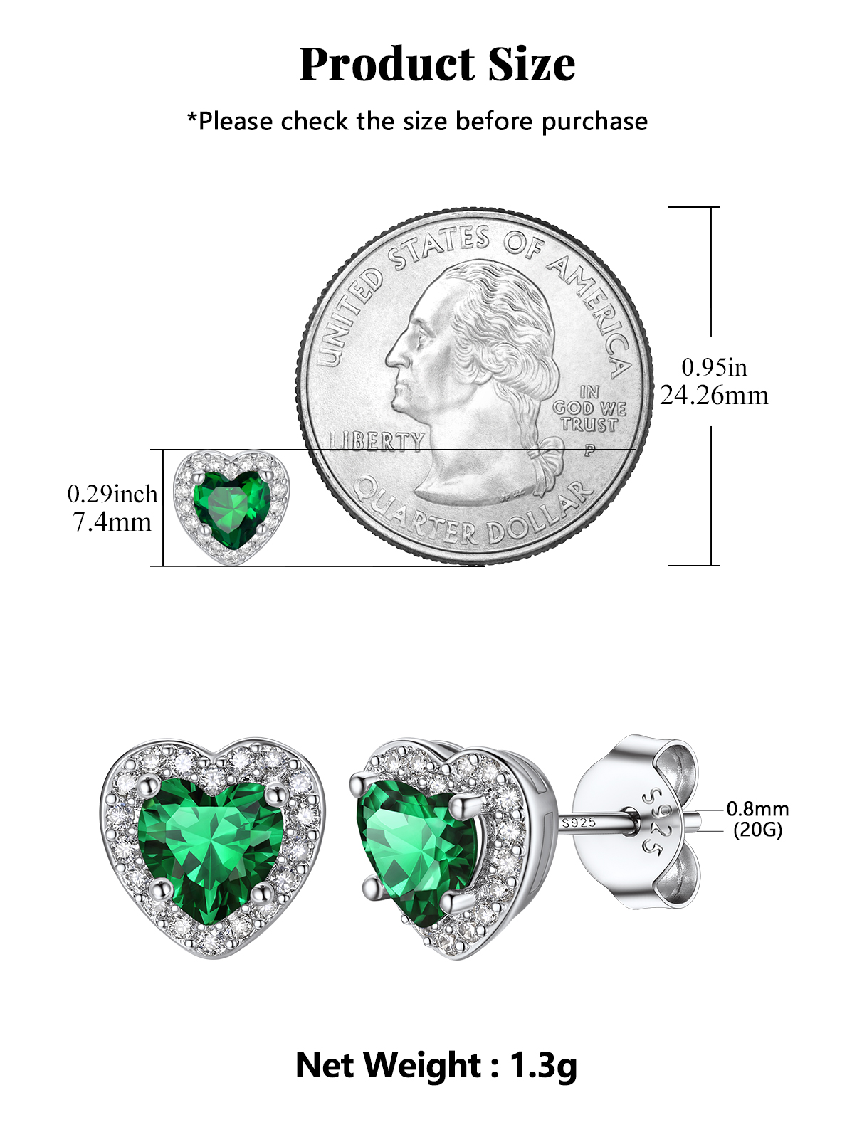 Silvora 925 Sterling Silver Heart Stud Earrings for Women May Birthstone Elegant Earring Birthday, Anniversary, Christmas Jewelry Gift