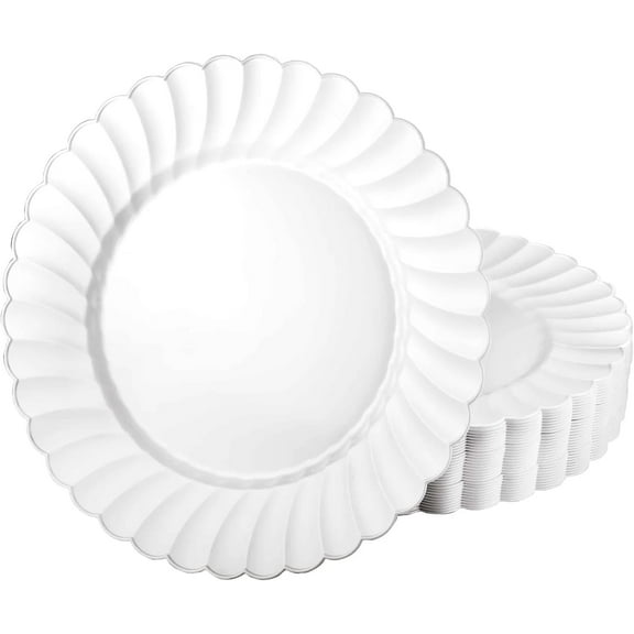 EcoQuality 10.25 inch White Pearl Dinner Plate Scalloped Design – Elegant Disposable Tableware for Weddings Parties and Events – Durable and Reusable Design – Catering Buffets (40)