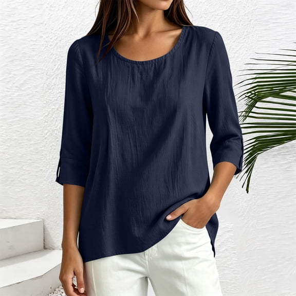 Yrmaups Loose Fit 3/4 Sleeve Blouse for Women, Casual Round Neck Pullover Top, Soft Solid Tshirt for Summer Daily Office Travel Wear, Navy M