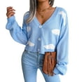thumbnail image 3 of Women'S Casual Elegant Cloud Print Cropped Button Front Long Sleeve V Neck Knit Cardigan Blue M, 3 of 10
