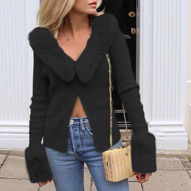 Puntoco, cárdigan de manga larga de nuevo estilo de invierno para mujer, cuello de lana de Color sólido, abrigo de suéter de un solo pecho tejido Sexy Puntoco Puntoco-3916