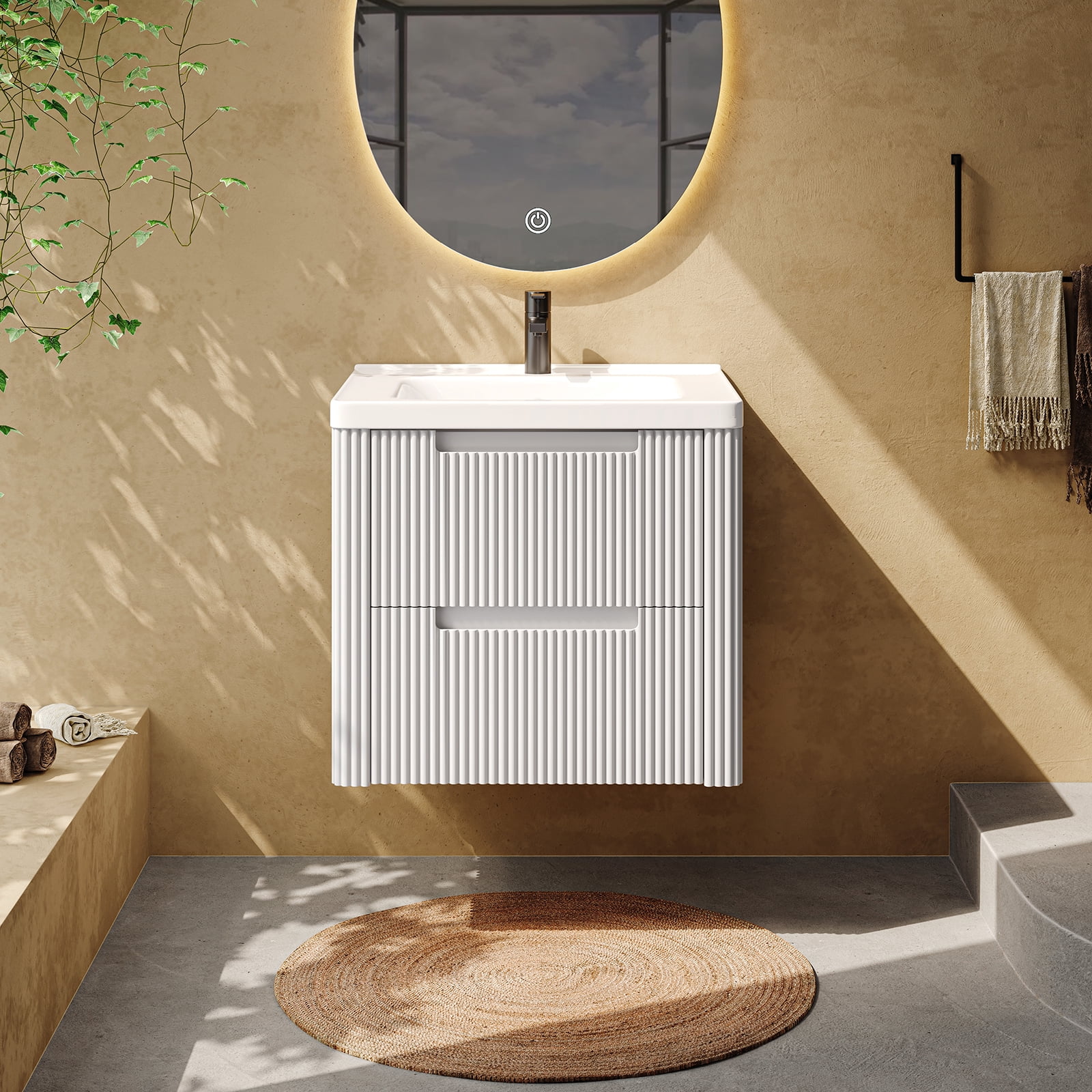 ROGALIS 24" Modern Bathroom Vanity, 2-Drawer, glossy resin Sink, Fluted Design,White