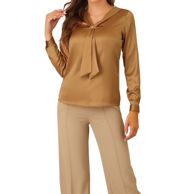 Camisa de oficina elegante de manga larga con cuello atado para mujer, XS, color caqui