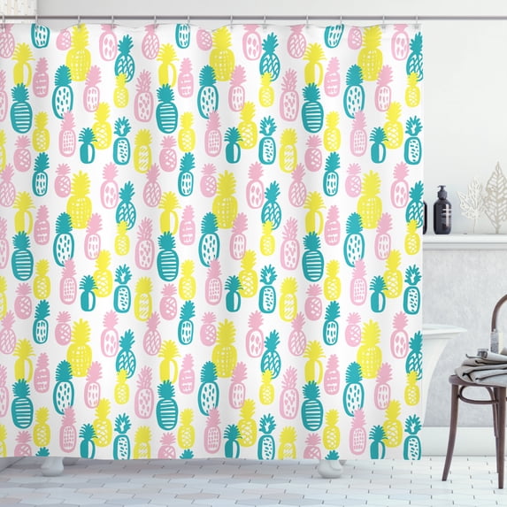 Pineapple Shower Curtain, Colorful Doodle Food Design with Abstract Patterns Stripes Dots and Rhombuses, Fabric Bathroom Set with Hooks, 69W X 75L Inches Long, Multicolor, by Ambesonne