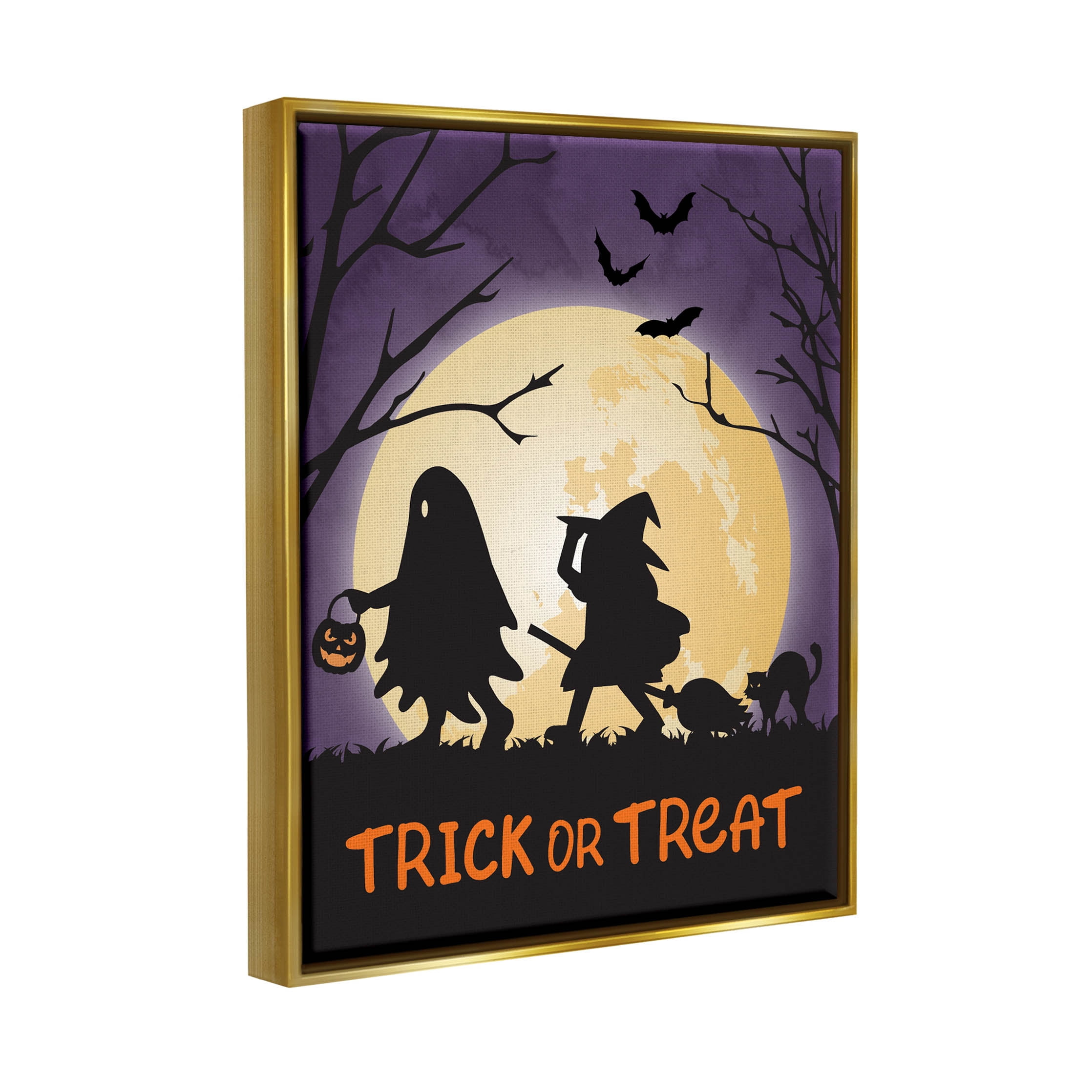 Stupell Industries Trick Or Treat Halloween Silhouettes Graphic Art Metallic Gold Floating Framed Canvas Print Wall Art, Design by Linda Birtel