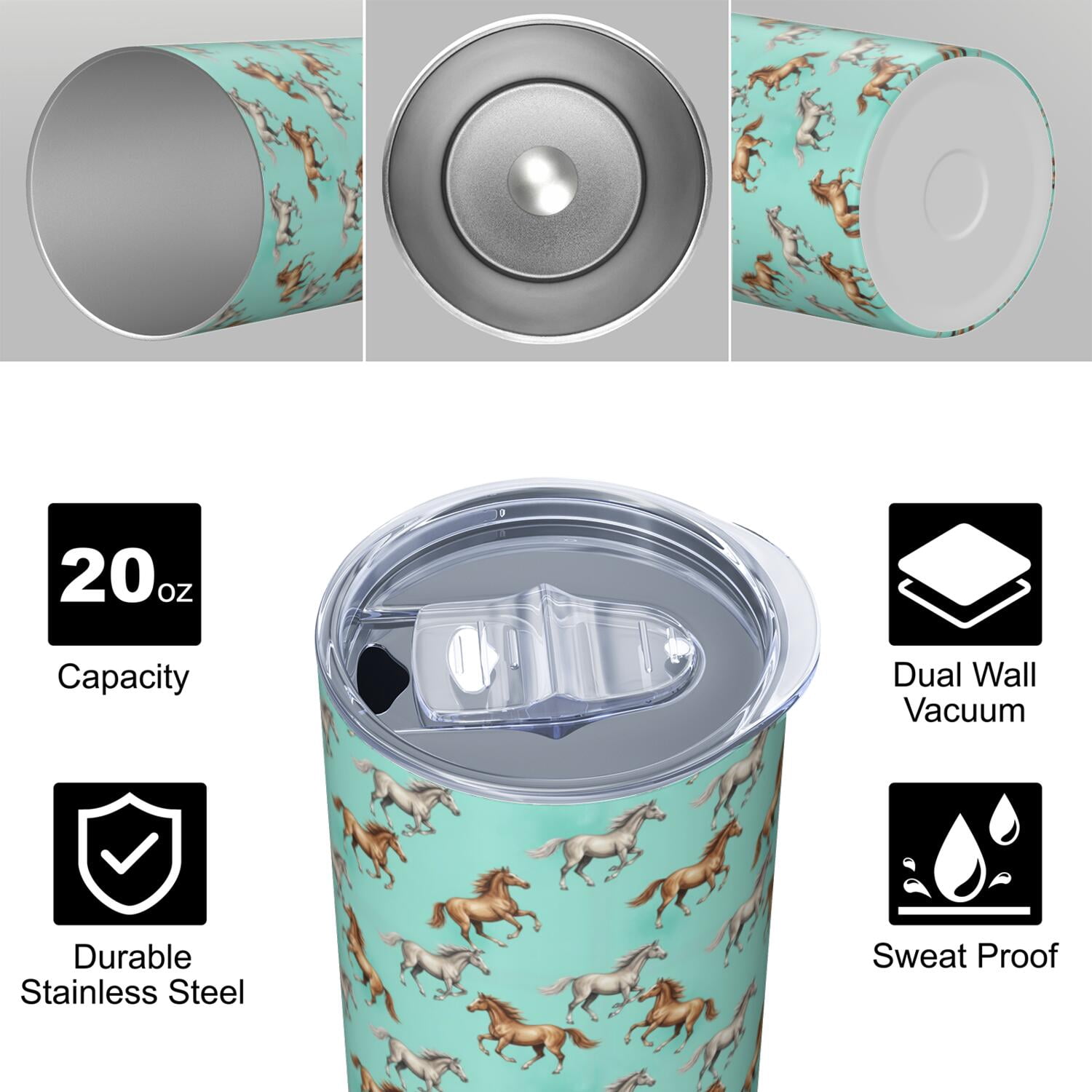 20oz Stainless Steel Skinny Tumbler, Double Wall Travel Mug with Lid and Straw,Horse Colorful Run Light Teal Pattern