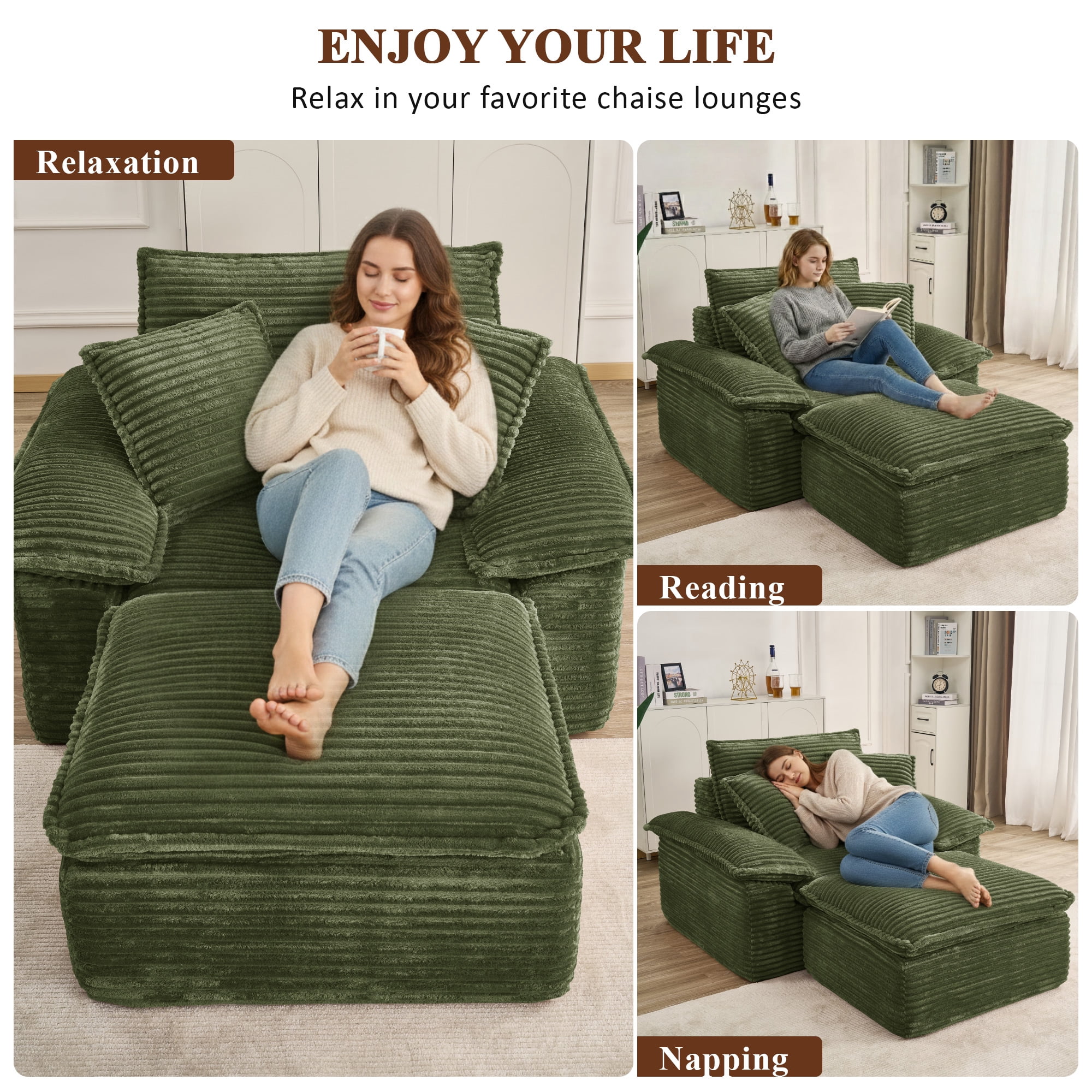Aukfa 63.5" Oversized Chaise Lounge Sofa with Movable 2-Layer Ottoman, Deep Seat Boneless Couch, Corduroy Lounge Chair, Green
