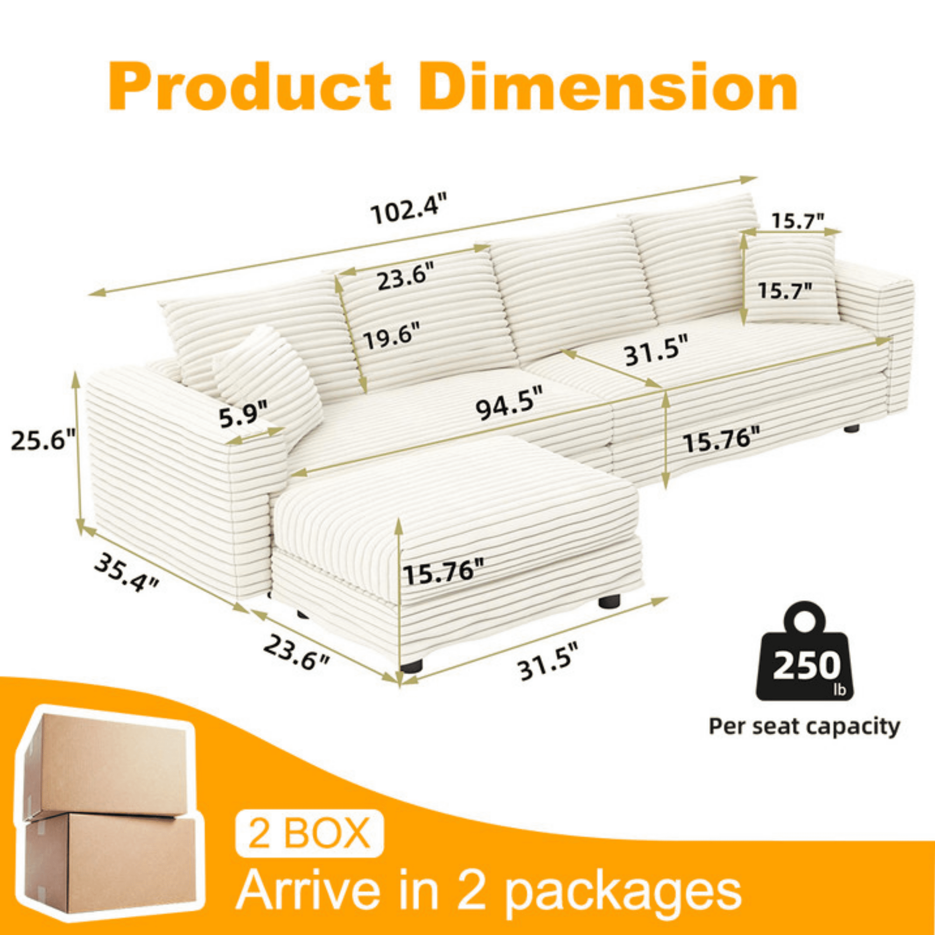 Alvantor 4-Seat Sofa with Movable Ottomans 102" W Corduroy Upholstered Deep Seat Couches L Shaped Convertible Chaise for Living Room, Apartment Beige