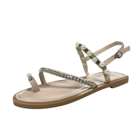 

XINSHIDE Women Sandals Spring Summer Female Sandals Solid Pearl Rhinestone Set Toe Roman Style Fashion Shoes