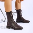 thumbnail image 5 of Women's Classic Lace Up Combat Mid Calf Boots Side Zipper Flat Low Heel Square Toe Smooth Faux Leather for Punk Style All Season Casual Outfits Brown 38, 5 of 9