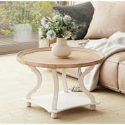 COZAYH Rustic Round Wood Coffee Table with Storage and Tray, White