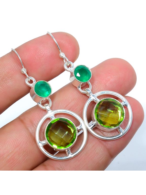 Peridot & Emerald (Simulated) 925 Sterling Silver Handmade Earring 2.11" A370, Handmade Jewelry, Dangle Earring