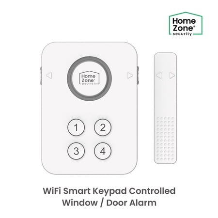 HomeZone Wi-Fi Smart Keypad Controlled Window or Door Alarm with Magnetic Switch, Compatible with Alexa and Google Assistant, White, 4 oz