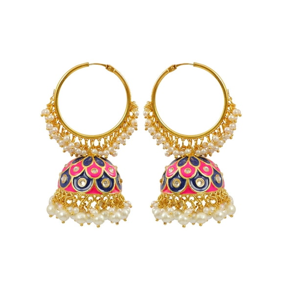 Crunchy Fashion Bollywood Jewelry Traditional Ethnic Bridal Bride Wedding Bridesmaid Indian Gold plated Antique Big Meenakari Hoop Jhumka Earrings Set For Women